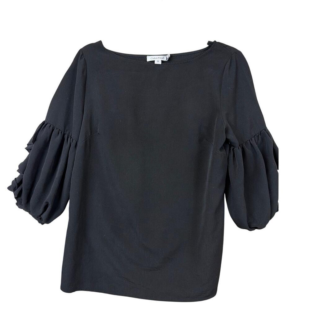 Calvin Klein Black Short Sleeve Ruffle Top Made in Indonesia  Size S